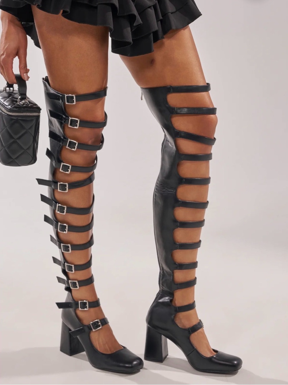 AKIRA Black Strappy Over-the-Knee Gladiator Heeled Boots